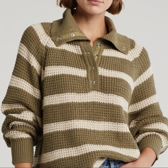 RDI Striped Green and Cream Sweater size M cotton blend snap pullover - Picture 1 of 8